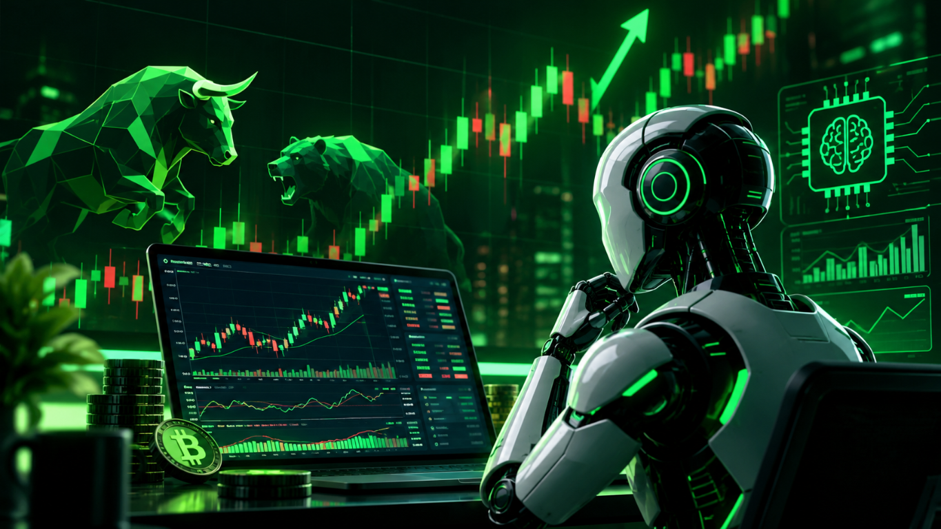 Algorithmic trading illustration with market charts and an AI analysis workstation