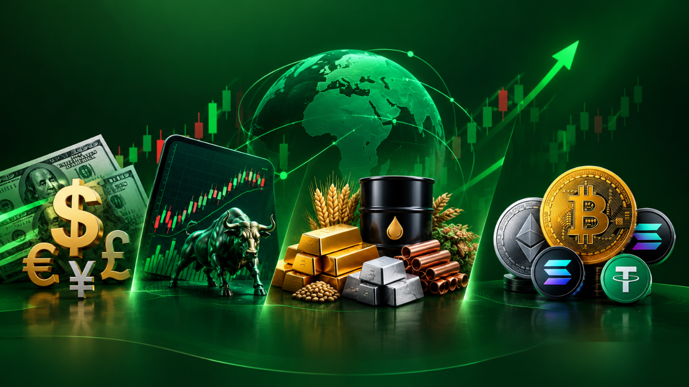 Global markets illustration showing currencies, commodities, equities and digital assets