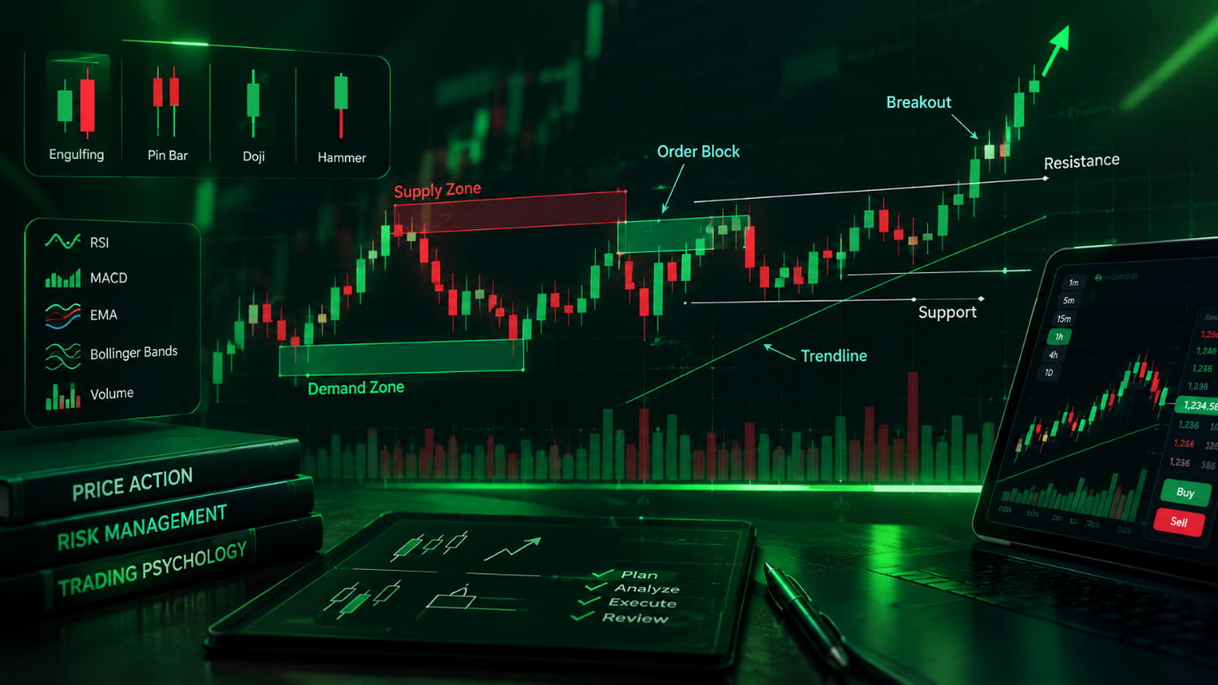 Technical analysis chart showing candlesticks, indicators, support, resistance and trend lines